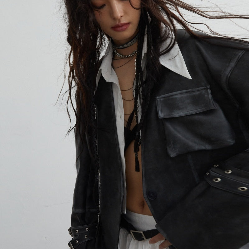 Retro Faux Leather Jacket with Wide Shoulder & Pockets
