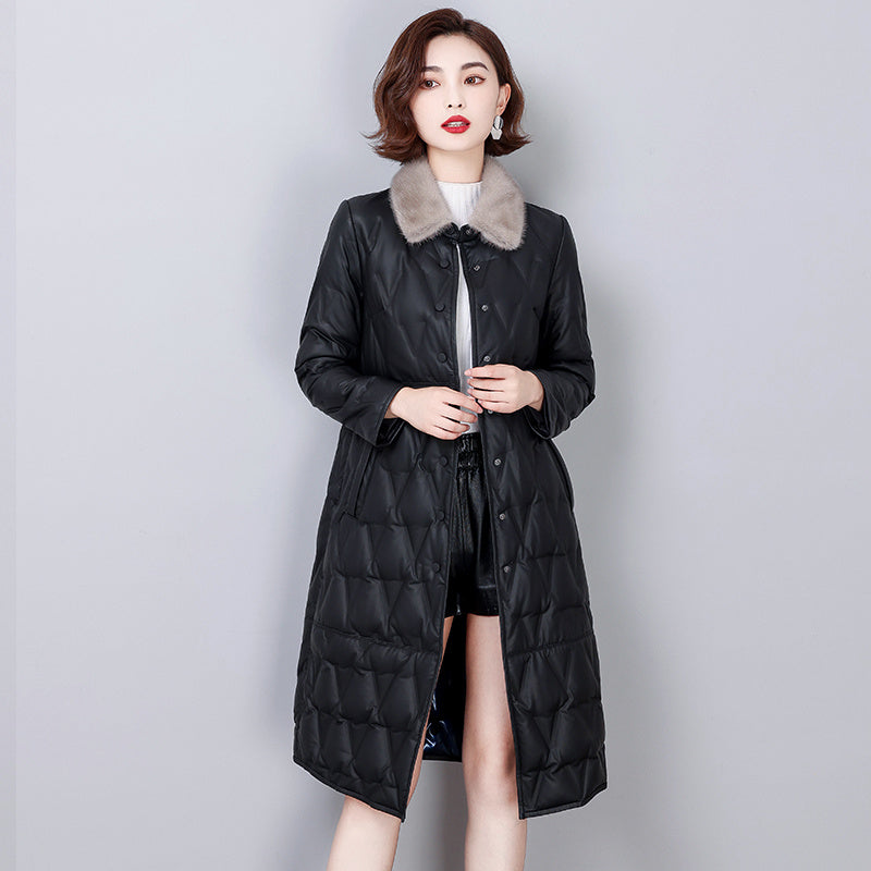Slim Sheep Skin Leather Coat with Mink Fur Collar