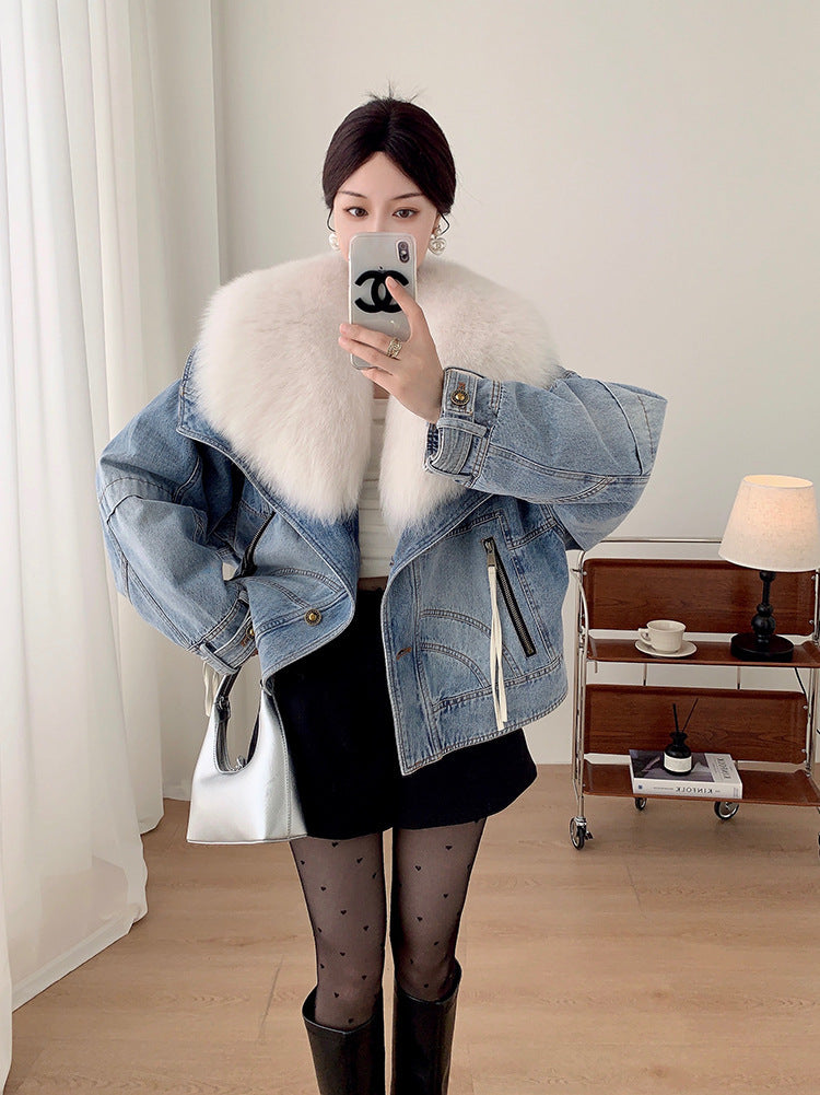 Women’s Short Denim Parka with Fox Fur & Goose Down