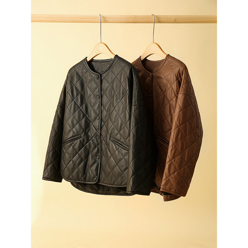 Women’s Rhombus Plaid Sheepskin Coat – Black & Caramel