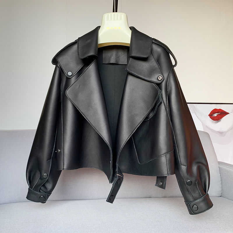 Female Sheepskin Loose Biker Jacket - Black & Green