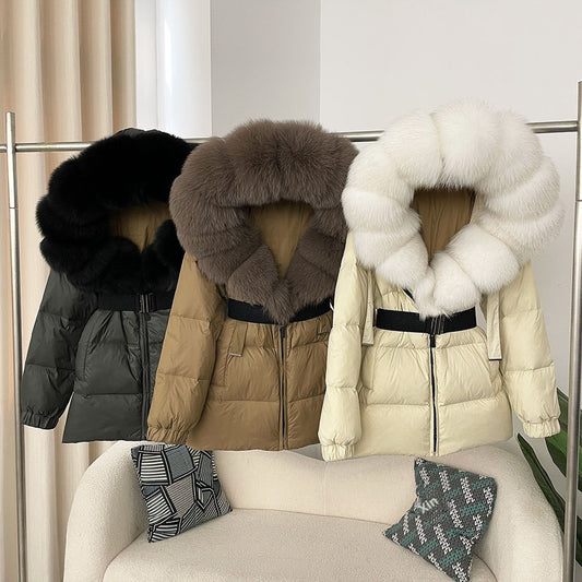 Oversized Fox Fur Collar Duck Down Jacket - Brown