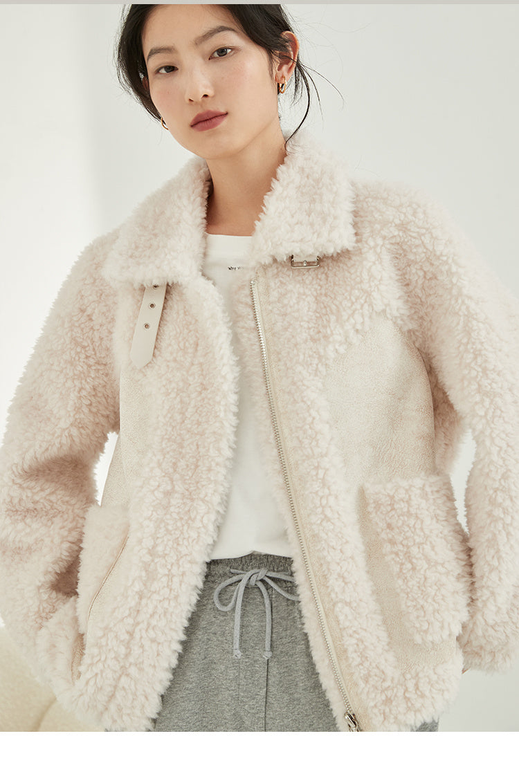 Women’s Loose Stylish Sheep Shearling Coat with Zipper