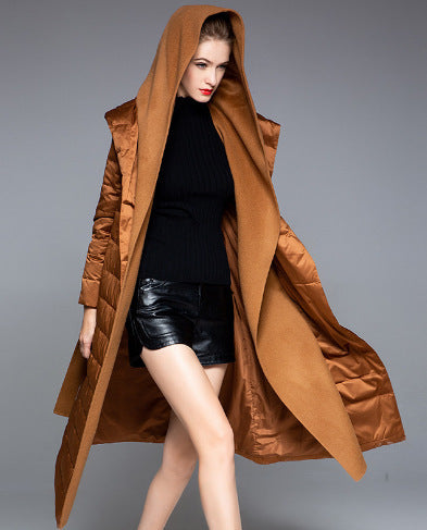 Women’s Medium-Long Patchwork Hooded Down Jacket