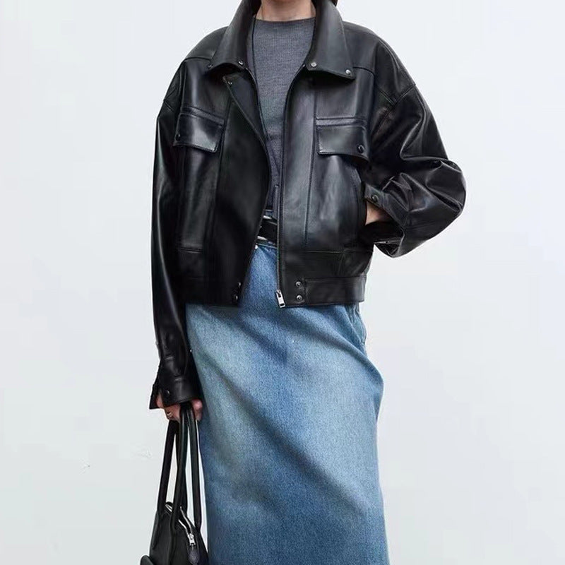 Women’s Sheepskin Retro Casual Leather Short Jacket