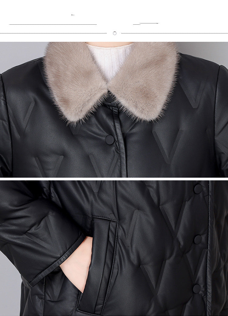 Slim Sheep Skin Leather Coat with Mink Fur Collar