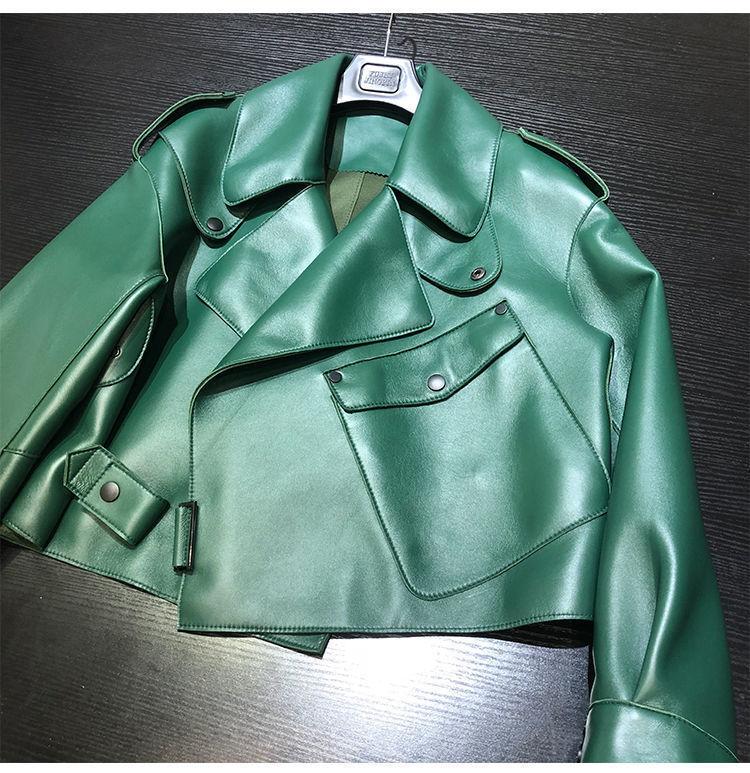 Female Sheepskin Loose Biker Jacket - Black & Green