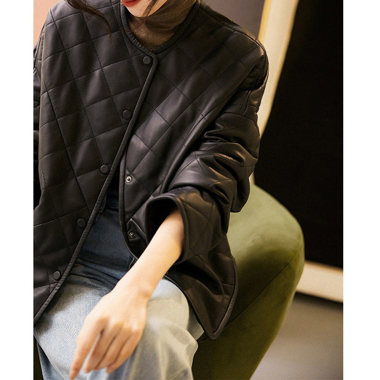 Women’s Rhombus Plaid Sheepskin Coat – Black & Caramel
