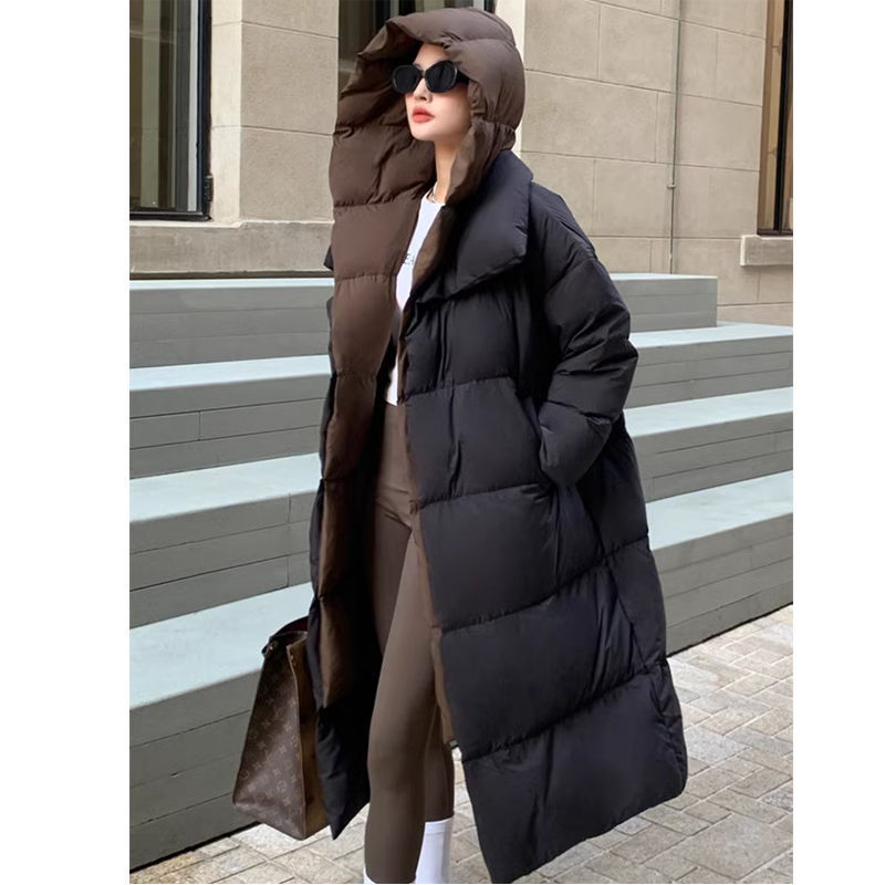 Women’s Loose White Duck Down Long Hooded Jacket