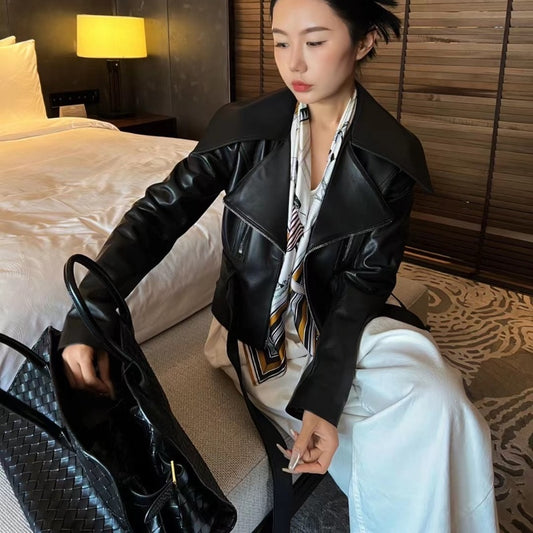 Women’s Sheepskin Leather Short Coat – Hong Kong Style