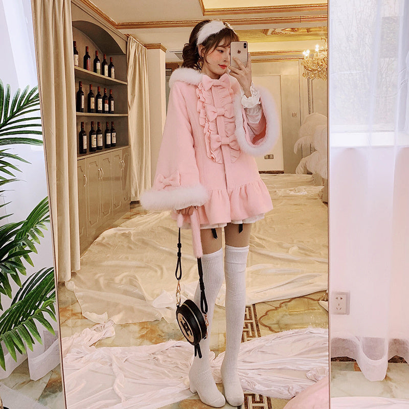 Women’s Pink Wool Coat with Fox Fur Collar, Mid Length
