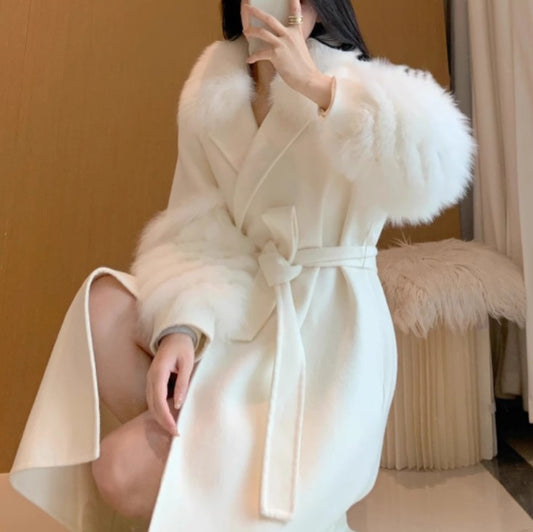 White Medium-Long Woolen Coat for Women, Classic & Elegant