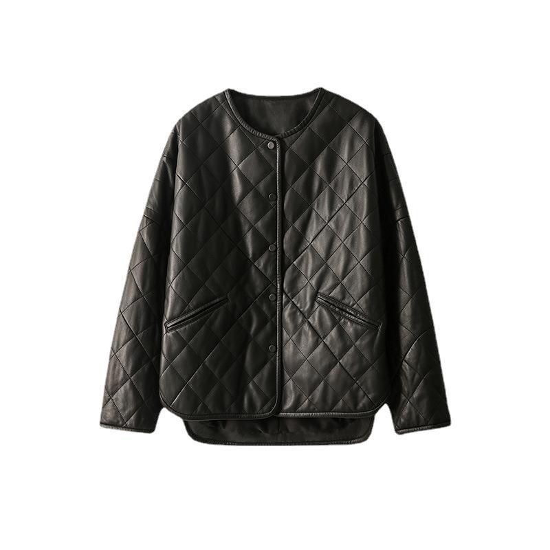 Women’s Rhombus Plaid Sheepskin Coat – Black & Caramel