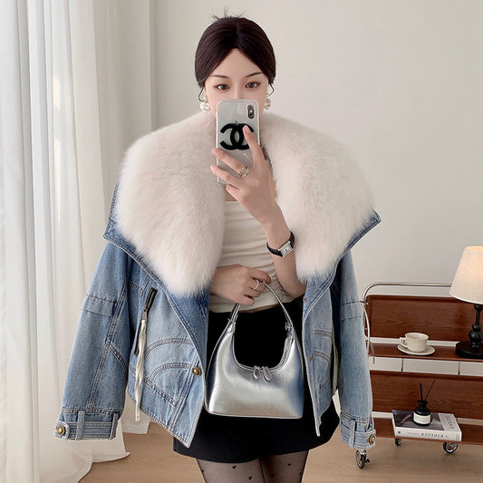 Women’s Short Denim Parka with Fox Fur & Goose Down