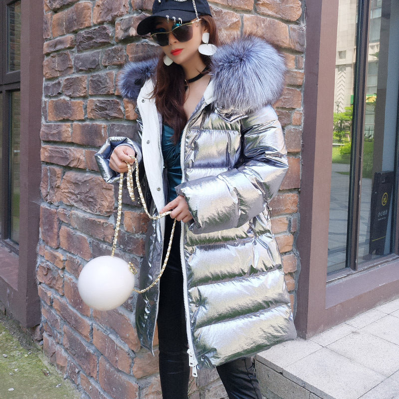 Mid-Length Slim Down Jacket with Raccoon Fur Collar