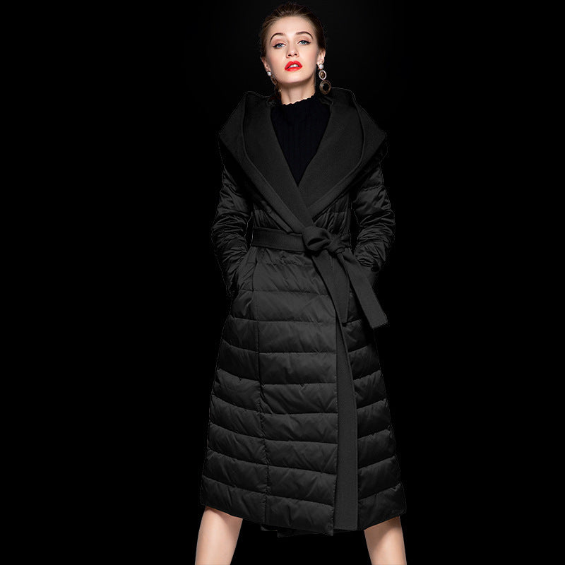 Women’s Medium-Long Patchwork Hooded Down Jacket