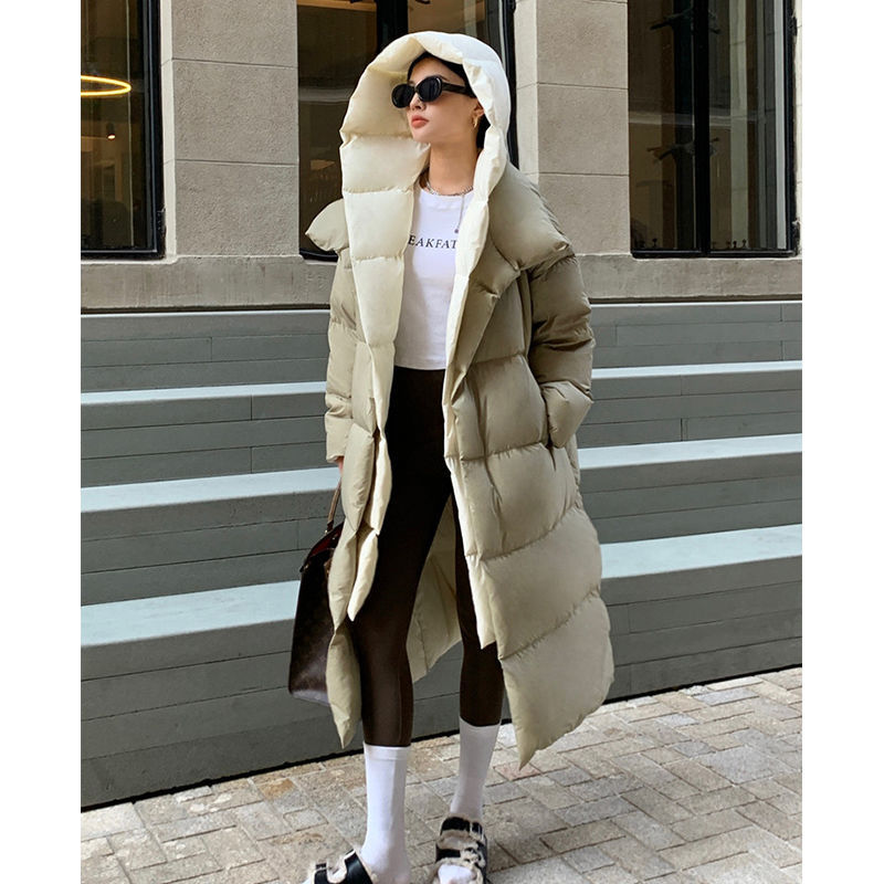 Women’s Loose White Duck Down Long Hooded Jacket