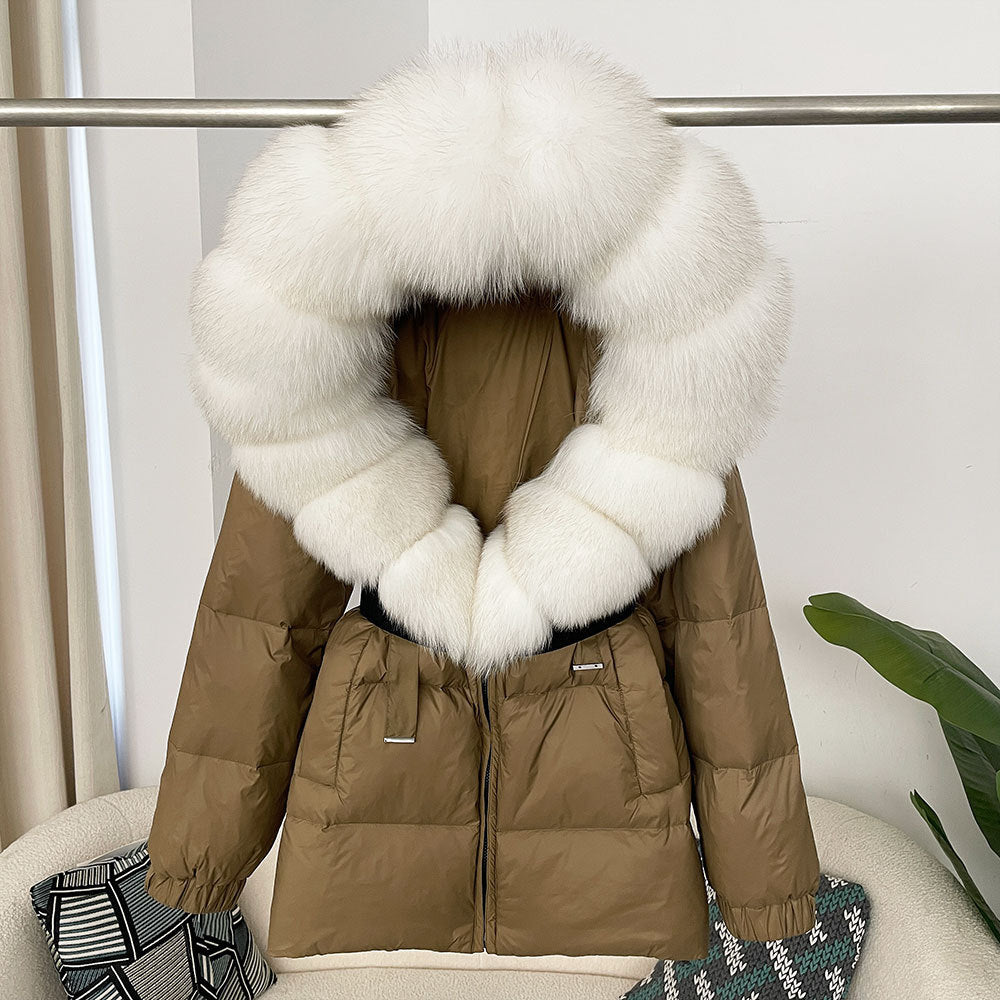 Oversized Fox Fur Collar Duck Down Jacket - Brown