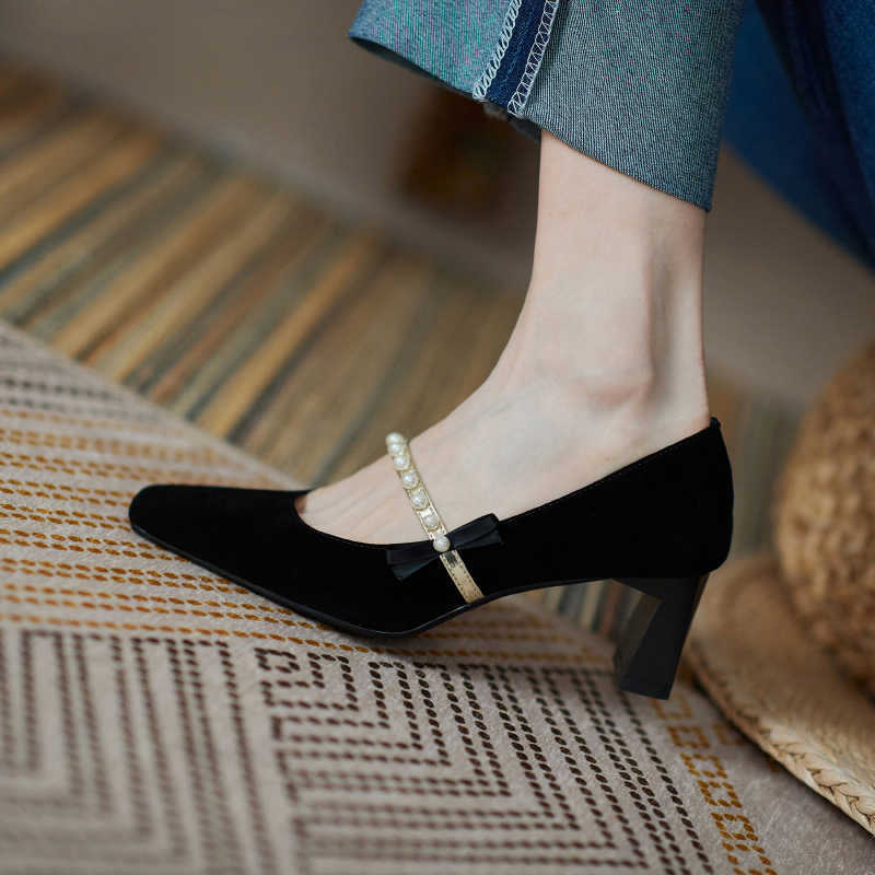 Leather Bowknot Beaded Slip-on High Heels