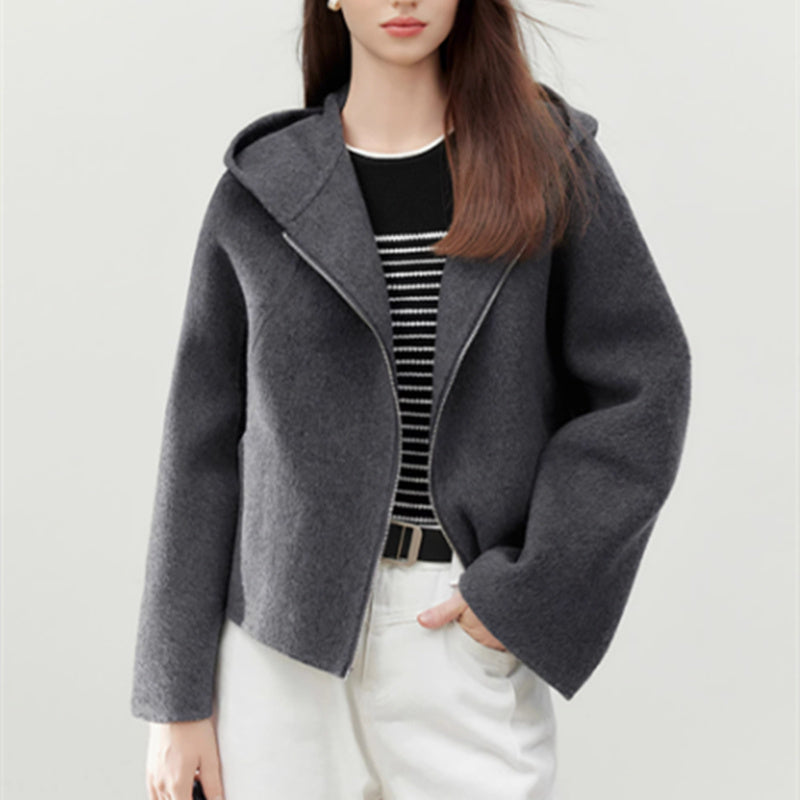 Women’s Gray Hooded Double-faced Wool Short Coat