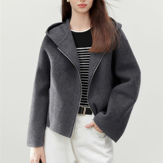 Women’s Gray Hooded Double-faced Wool Short Coat