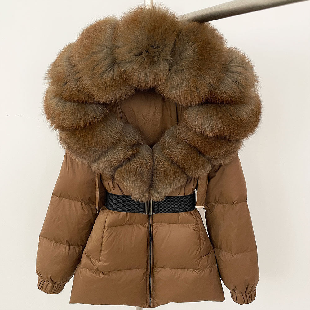 Oversized Fox Fur Collar Duck Down Jacket - Brown