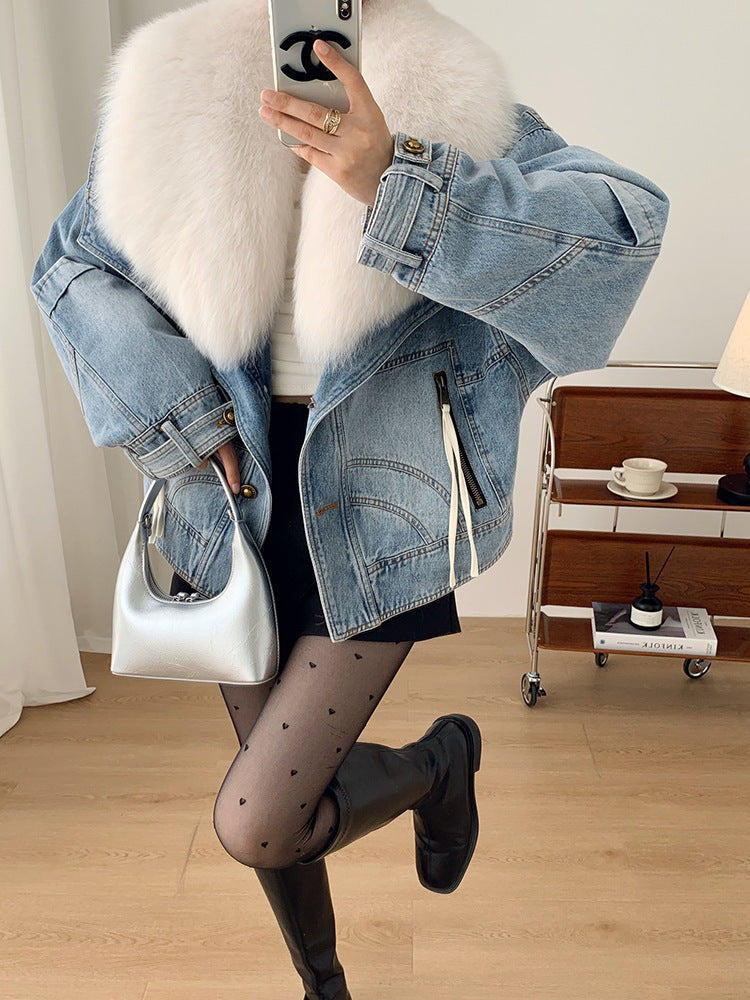 Women’s Short Denim Parka with Fox Fur & Goose Down