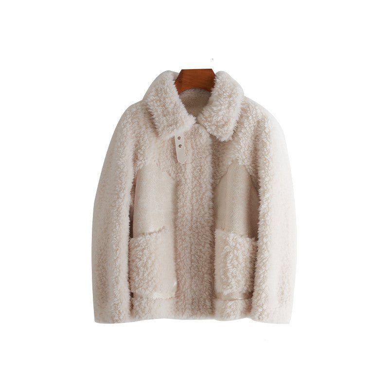 Women’s Loose Stylish Sheep Shearling Coat with Zipper