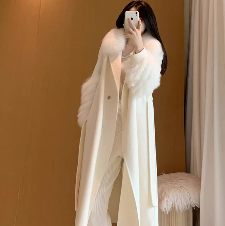White Medium-Long Woolen Coat for Women, Classic & Elegant
