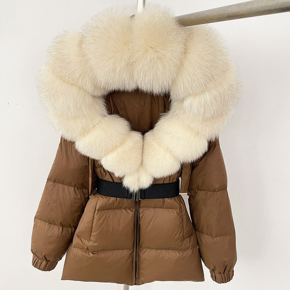 Oversized Fox Fur Collar Duck Down Jacket - Brown