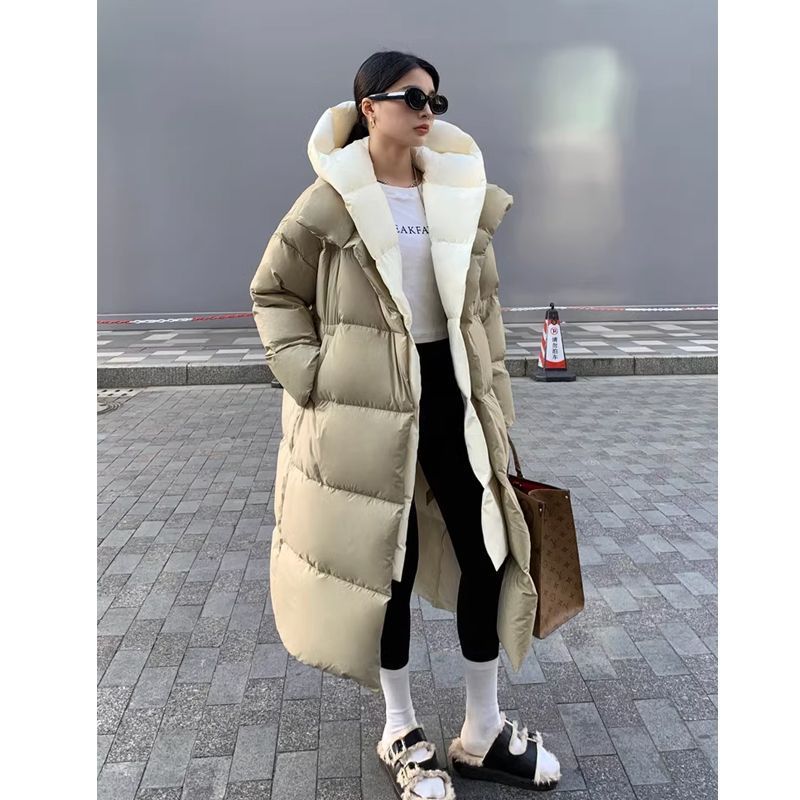 Women’s Loose White Duck Down Long Hooded Jacket