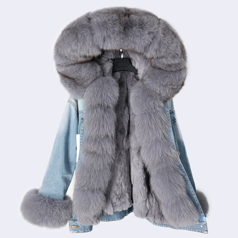 Detachable Rabbit Hair Lined Denim Jacket – Multi Color