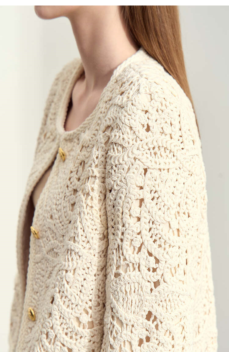 Women’s Light Apricot Cotton Crocheted Round Neck Coat