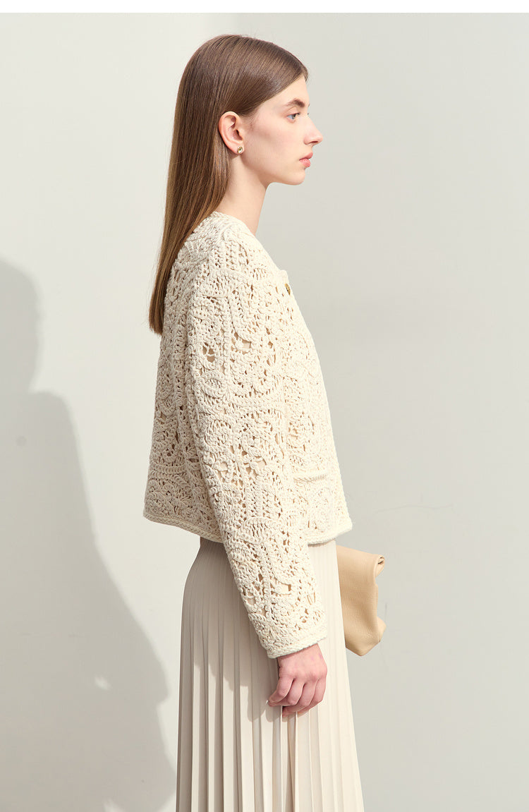 Women’s Light Apricot Cotton Crocheted Round Neck Coat