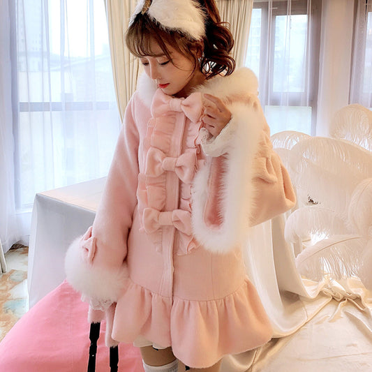 Women’s Pink Wool Coat with Fox Fur Collar, Mid Length