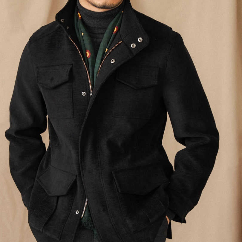 Men’s safari jacket-Stand Collar Multi-Pocket Coat with Elastic Waist