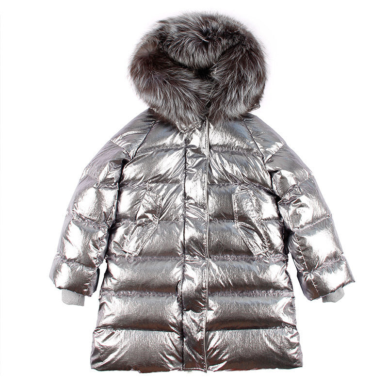 Mid-Length Slim Down Jacket with Raccoon Fur Collar
