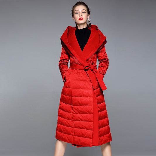 Women’s Medium-Long Patchwork Hooded Down Jacket
