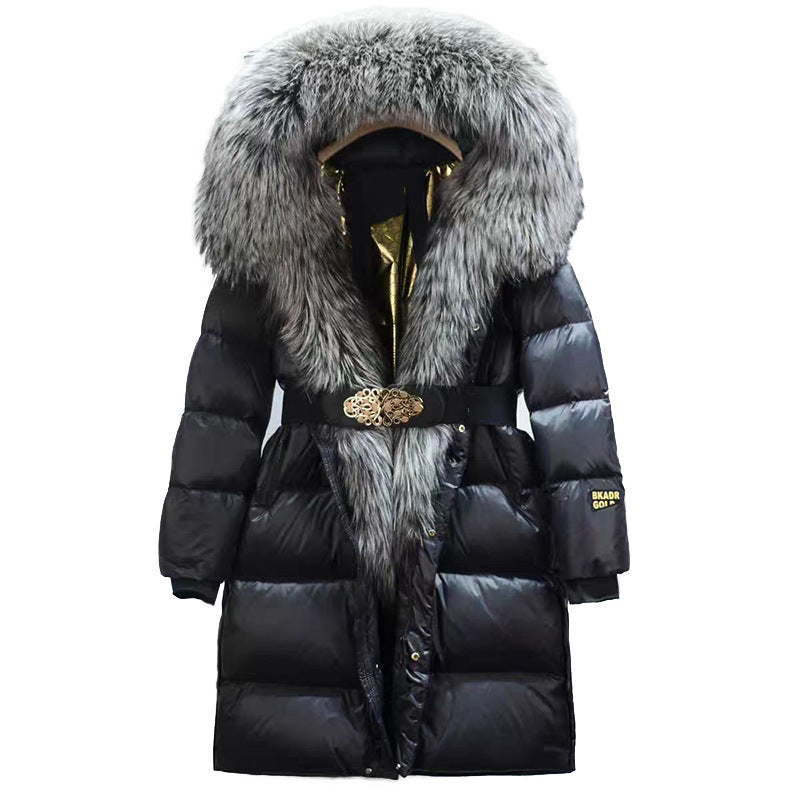 Slim Black Duck Down Jacket with Real Fox Fur Collar