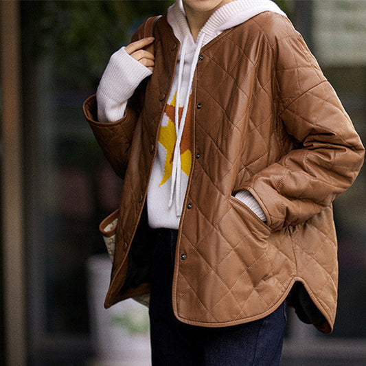 Women’s Rhombus Plaid Sheepskin Coat – Black & Caramel