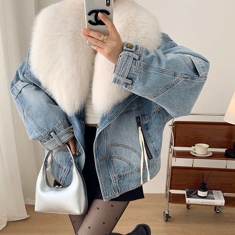 Women’s Short Denim Parka with Fox Fur & Goose Down