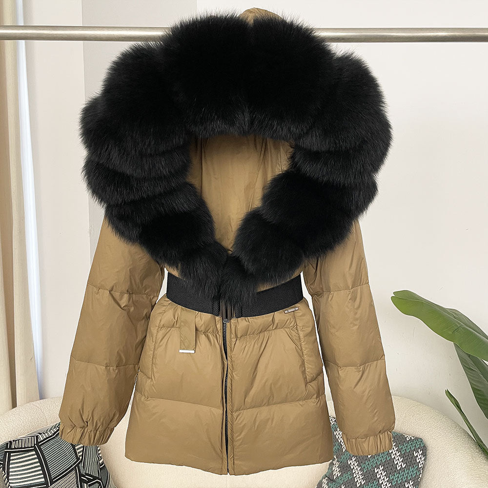 Oversized Fox Fur Collar Duck Down Jacket - Brown