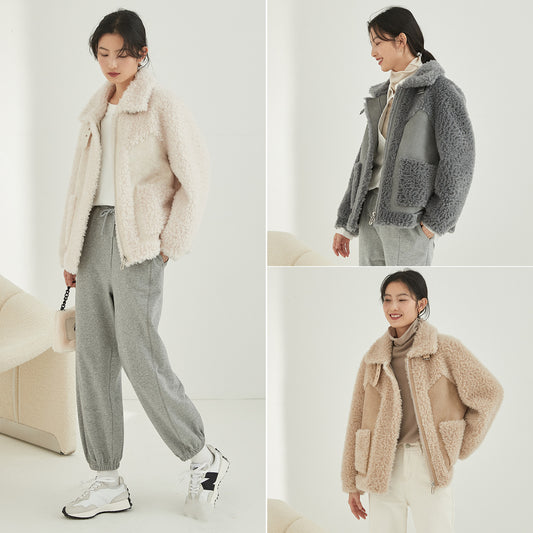 Women’s Loose Stylish Sheep Shearling Coat with Zipper