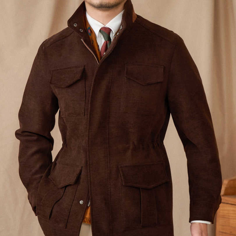 Men’s safari jacket-Stand Collar Multi-Pocket Coat with Elastic Waist