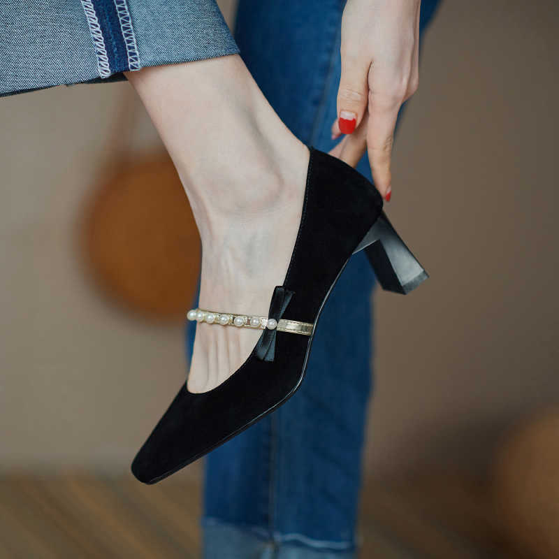 Leather Bowknot Beaded Slip-on High Heels