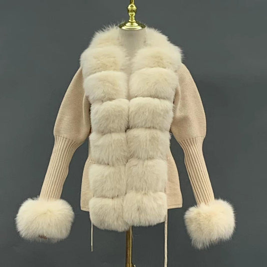 Women’s Wool Blend Cardigan with Detachable Fox Fur Collar