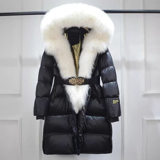 Slim Black Duck Down Jacket with Real Fox Fur Collar