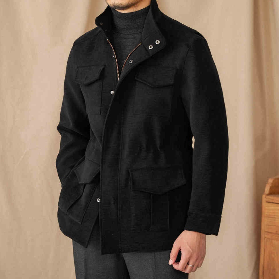 Men’s safari jacket-Stand Collar Multi-Pocket Coat with Elastic Waist