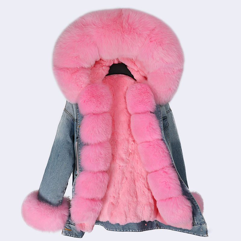 Detachable Rabbit Hair Lined Denim Jacket – Multi Color