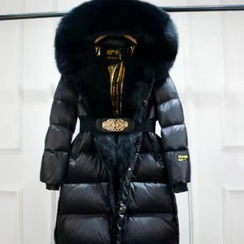 Slim Black Duck Down Jacket with Real Fox Fur Collar